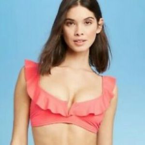 V-Wire Ruffle Bralette Bikini Top in Coral